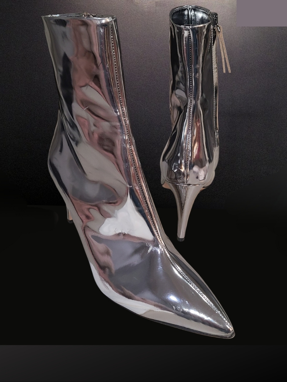 THEORY Chrome EUC🌟 Zip Booties Pointed Toe Stiletto Heels Patent Leather 41/10.